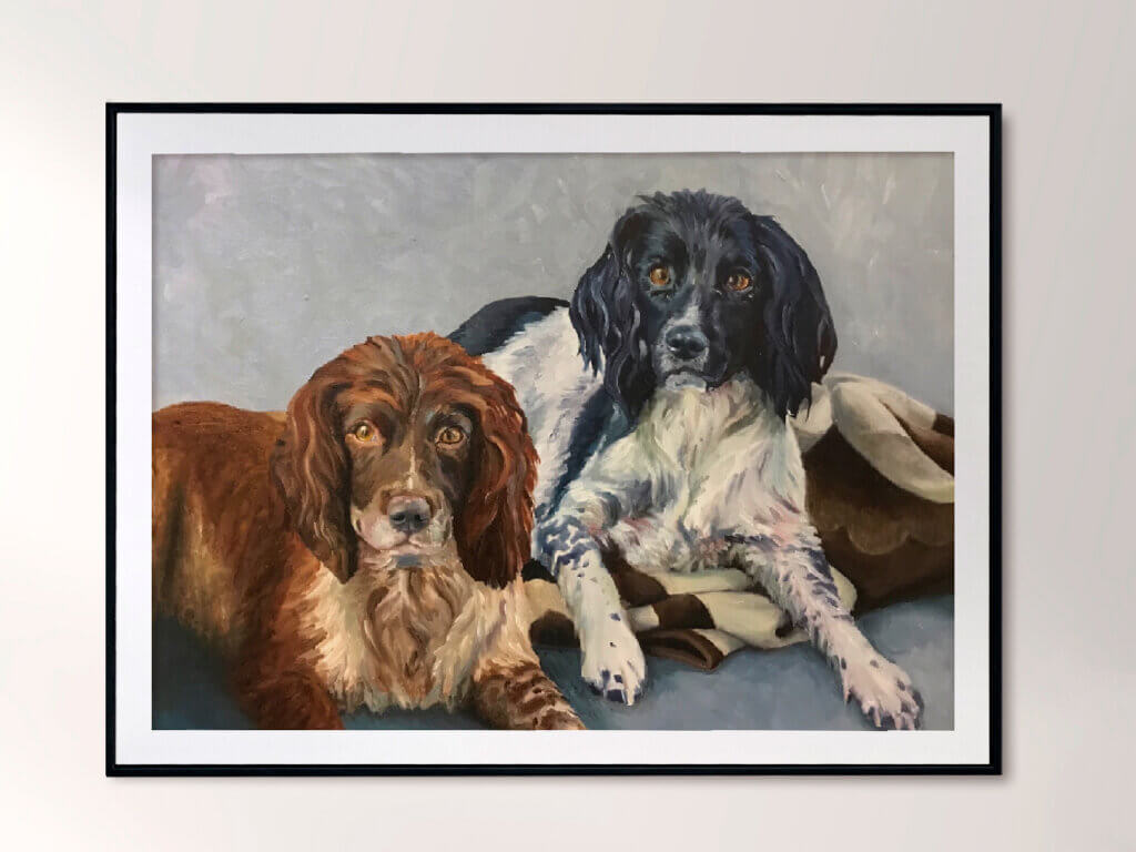 Oil painting pet portrait of two springer spaniels