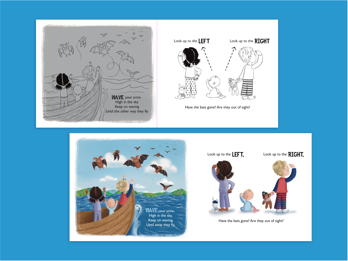 Image showing rough and finished versions of an inside page of a book from a children's illustrated story book