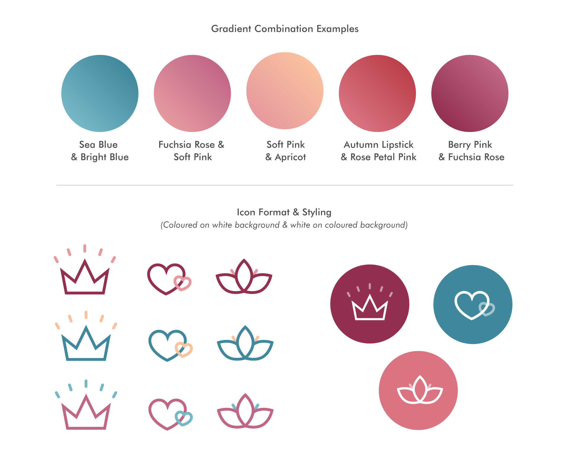 Image showing colour gradient combinations and icon designs for the Cath Carter Brand