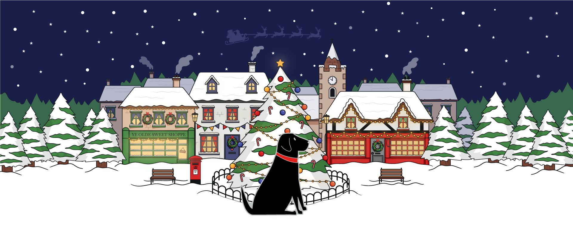 Image showing illustrated Christmas scene, with rows of shops and houses in a quintessential English village in the snow at night. In the foreground is a large Christmas tree with a Labrador dog, sitting in the foreground