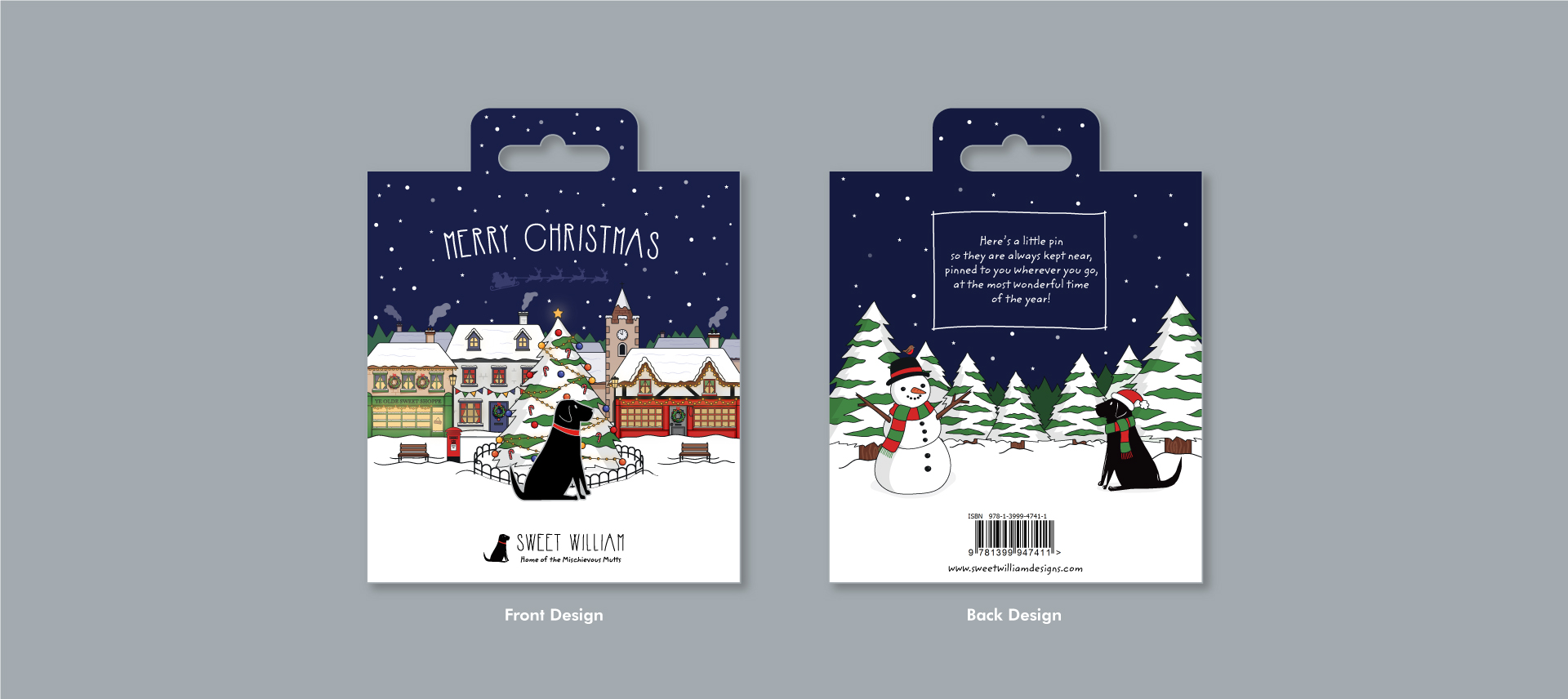 Image showing the front and back designs of a Christmas themed packaging design created for a series of Christmas dog pins for the Sweet William Designs brand