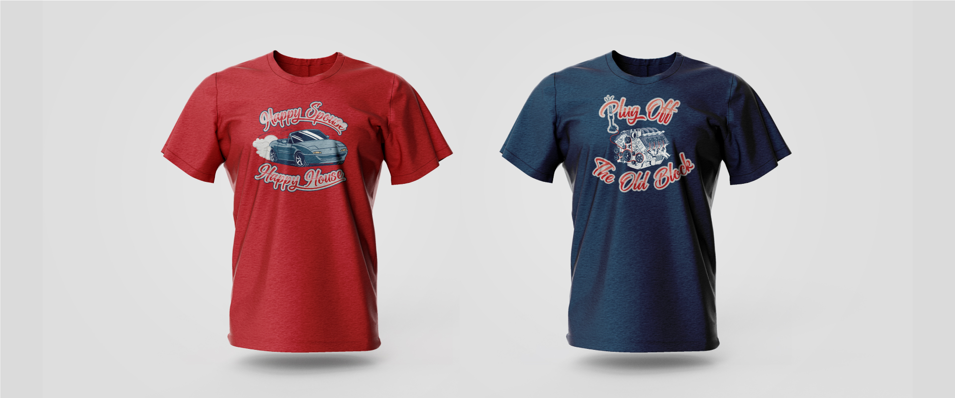 Image shows two t-shirt designs, one in red and one in blue with two car themed designs on the chest of each t-shirt