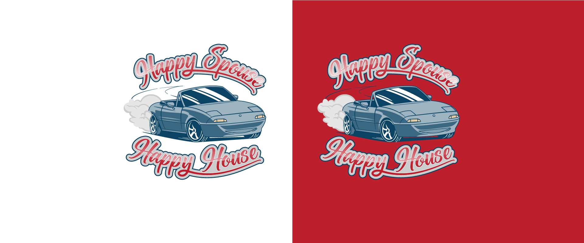 Image showing illustration for a t-shirt design that says 'Happy Spouse, Happy House' with a Car speeding illustration in the centre of the design