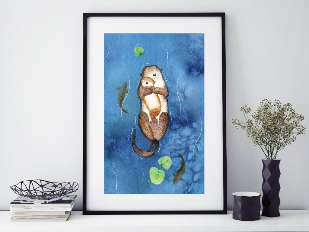 picture of an art print illustration of two otters cuddling