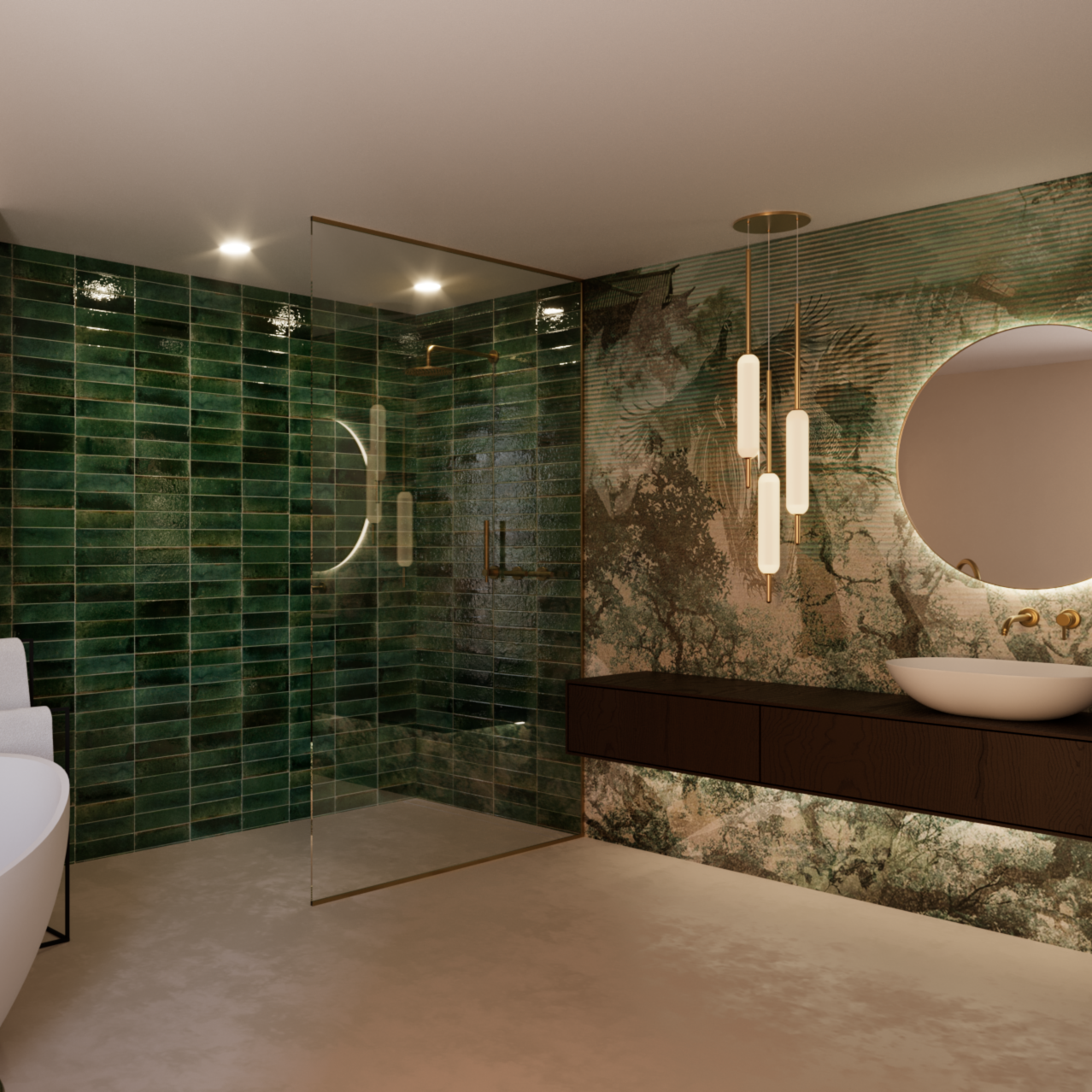 Modernes Badezimmer mit grünen Wandfliesen, begehbarer Glasdusche, rundem Spiegel und hängenden Pendelleuchten
