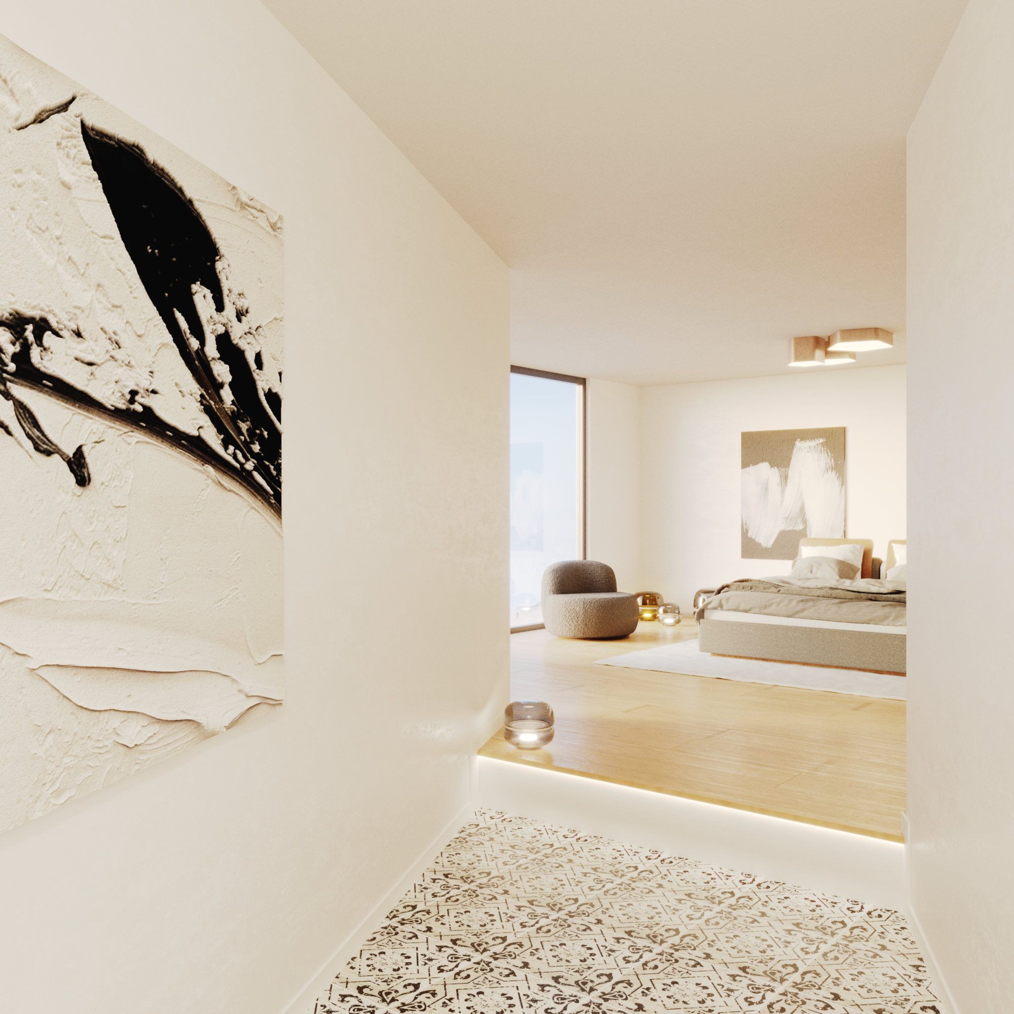 Moderner Flur mit gemustertem Boden, weißer Wand und abstraktem schwarz-weißem Gemälde, führt zu einem hellen Schlafzimmer mit grauem Bett und Sessel