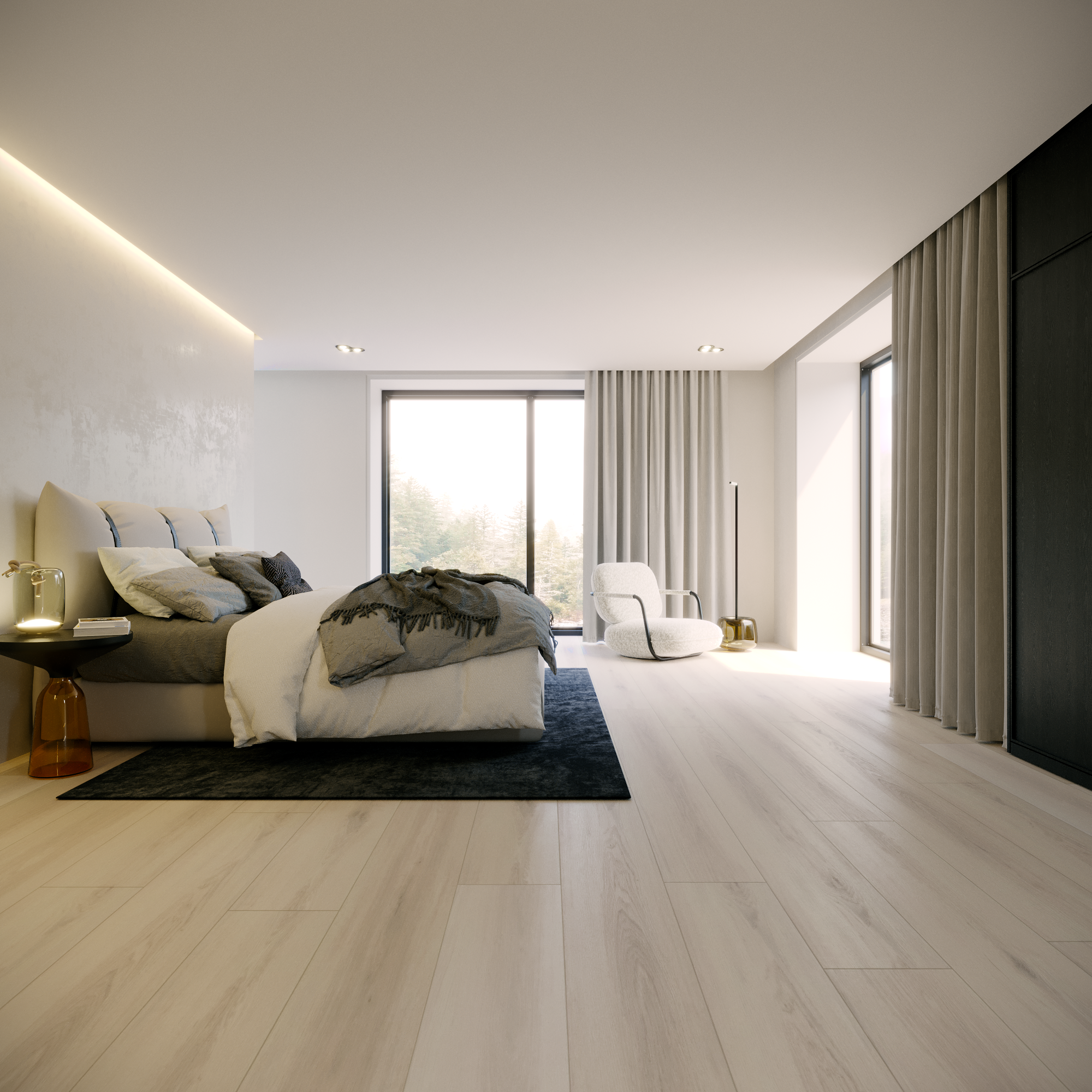 Modernes Schlafzimmer mit großem Bett, grauen und weißen Kissen, schwarzem Teppich, Sessel am Fenster und hellen Holzböden