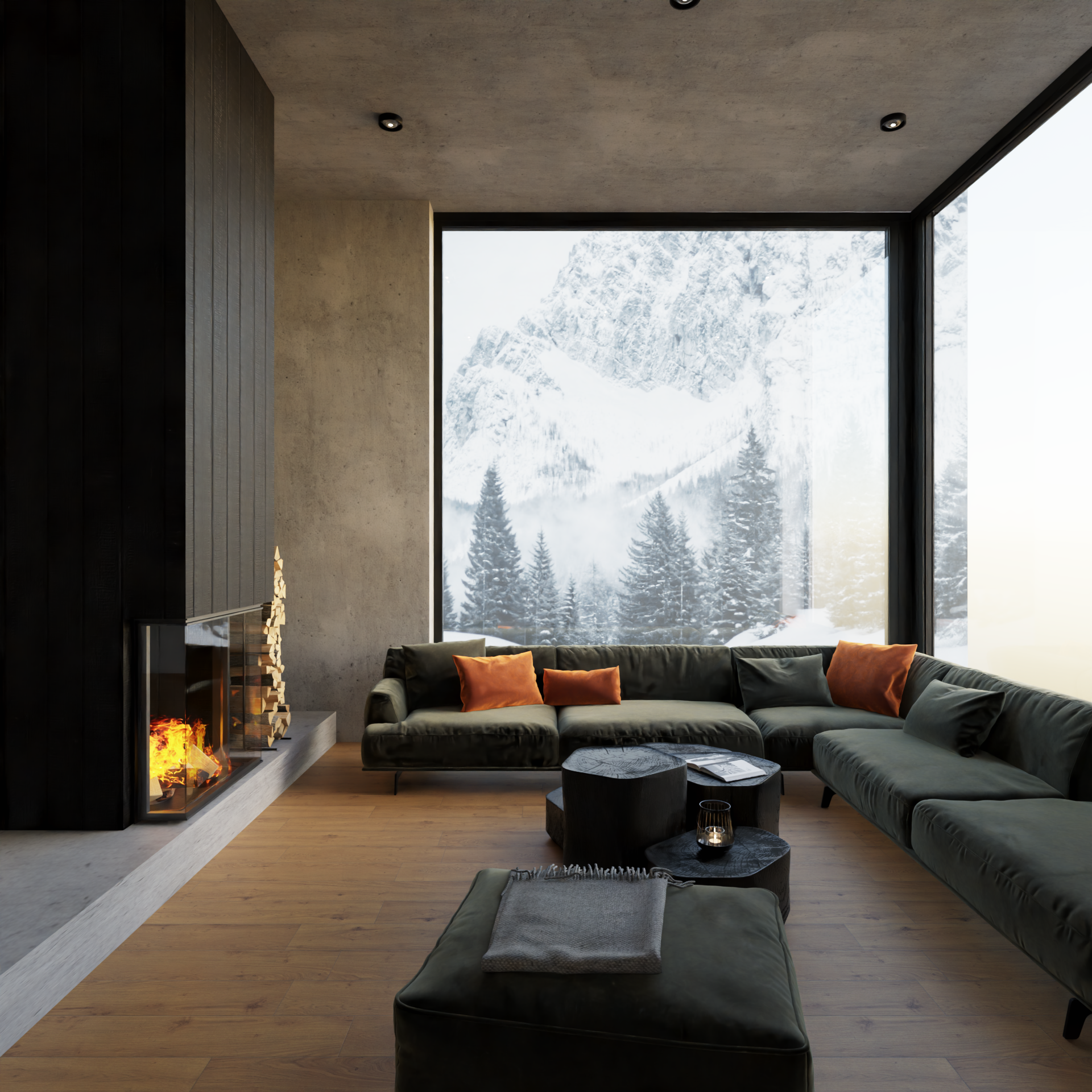 Modernes Wohnzimmer mit großem Ecksofa, Kamin und Panoramafenster mit Blick auf verschneite Berge und Tannen