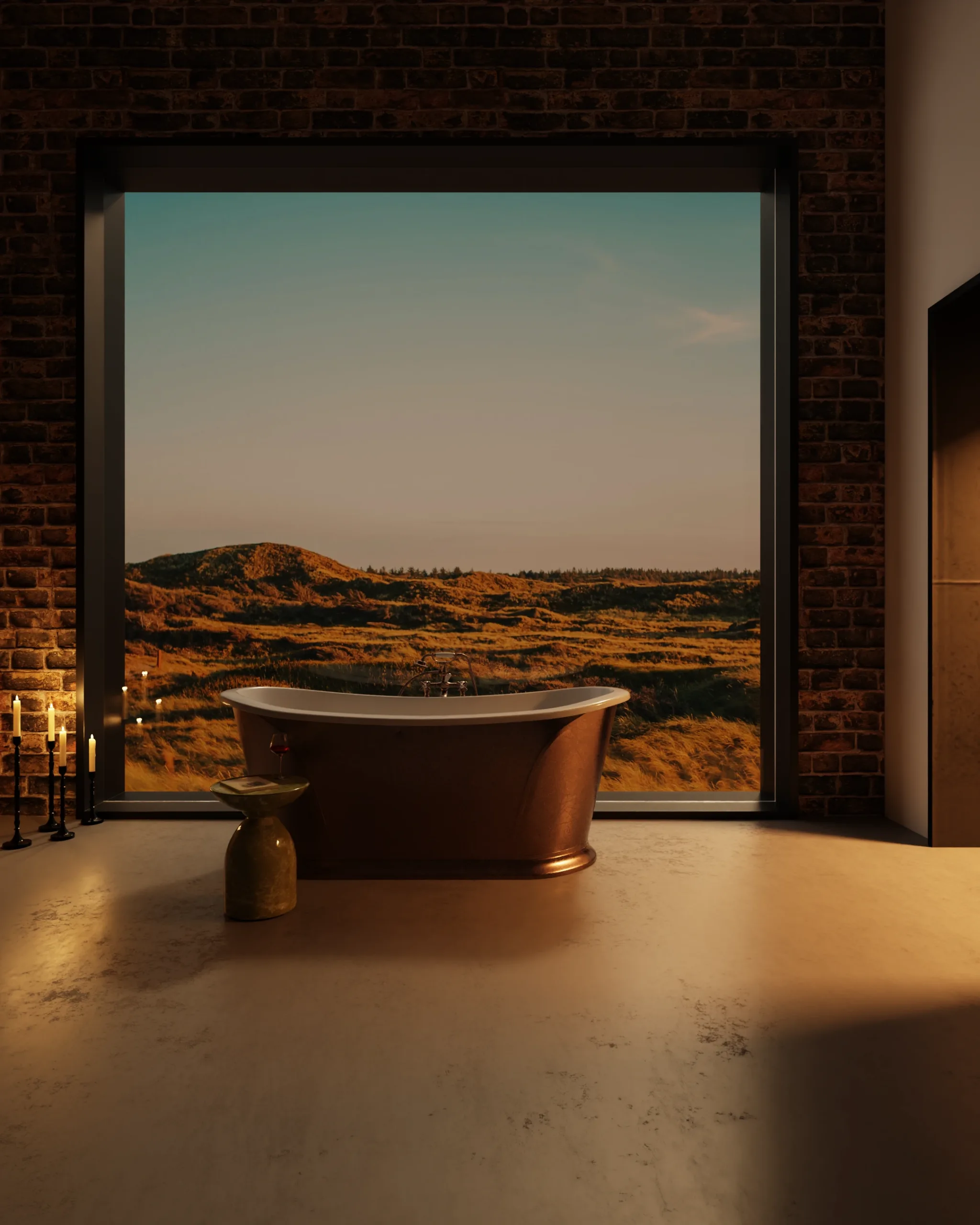 Freistehende Badewanne vor großem Fenster mit Blick auf hügelige Landschaft bei Sonnenuntergang