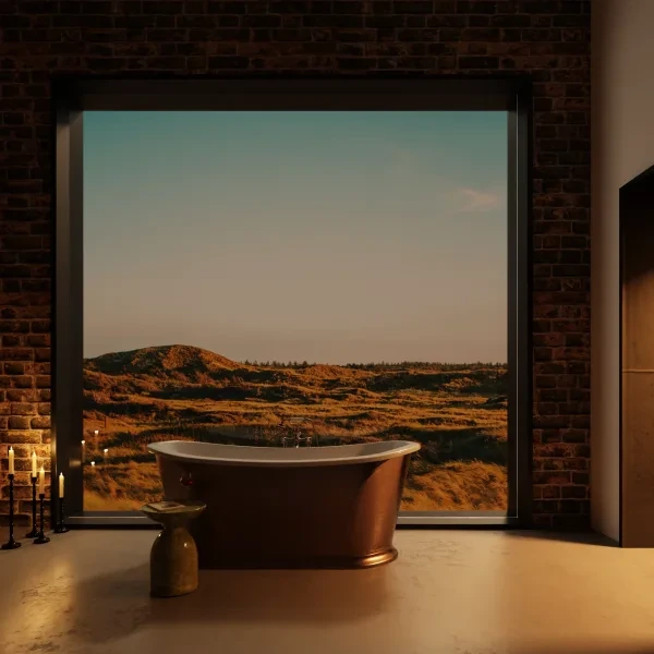 Freistehende Badewanne vor großem Fenster mit Blick auf hügelige Landschaft bei Sonnenuntergang