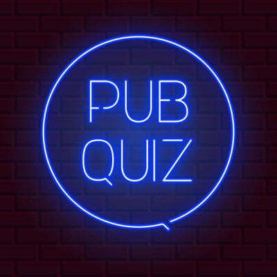 Pub quiz announcement poster, vintage styled neon glowing letters shining on dark brick background. Questions team game for intelligent people.Vector illustration, glowing electric sign in retro style