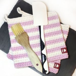 Grytlappar - 2 st, 17x17cm - vita/rosa ränder