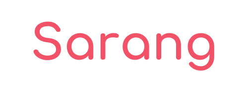 Sarang logotyp med röd text "Sarang".