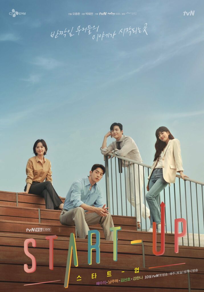 Gänget från koreanska dramaserien "Start-up" poserar på en trappa framför kameran.