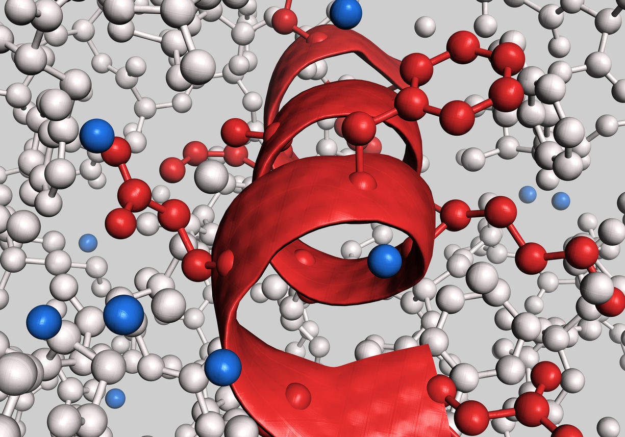 X-ray crystallographic structure of an alpha helx on a background of amino acids