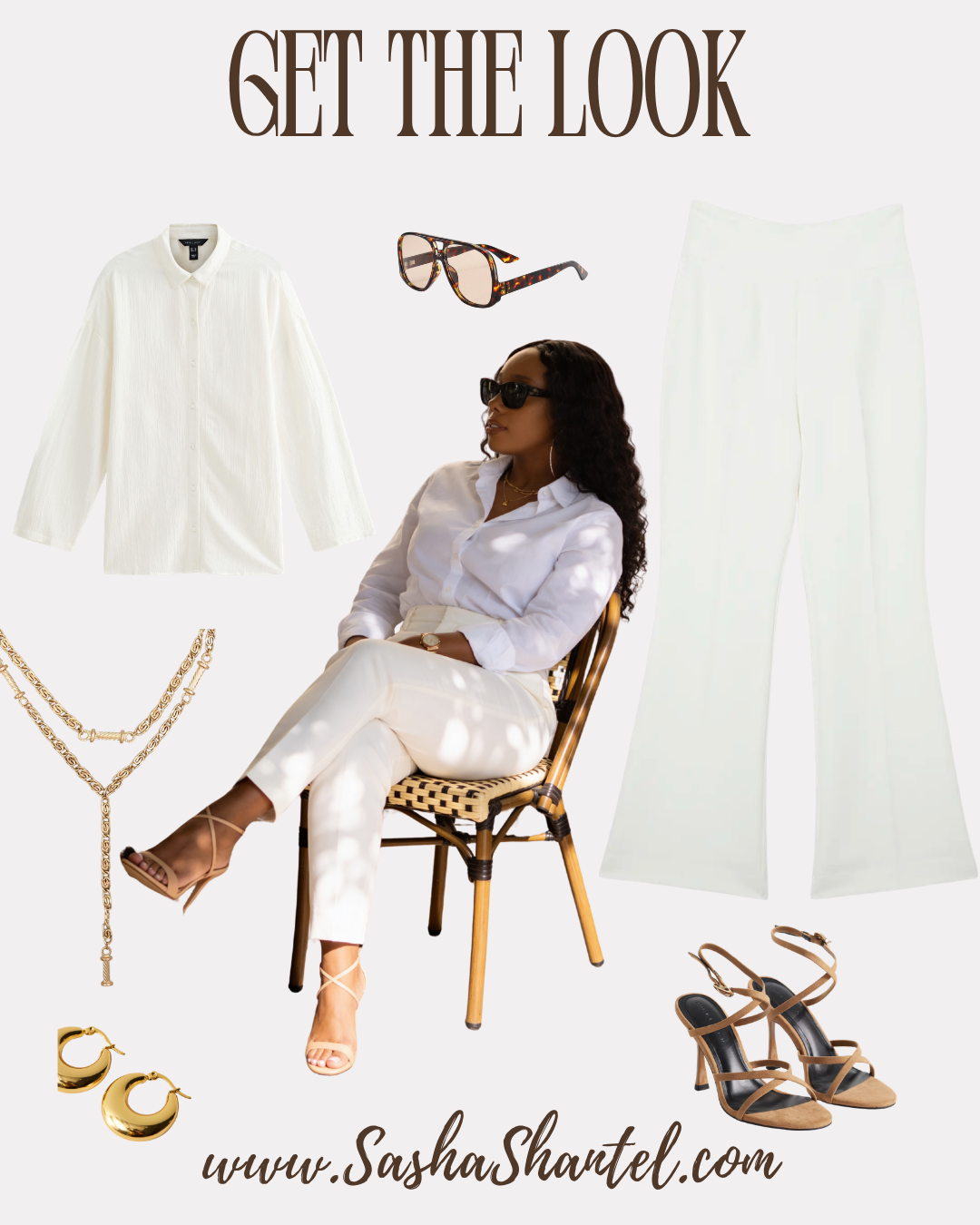Woman wearing an all-white outfit — oversized white linen shirt, wide leg trousers and nude strappy heels — seated at a bistro table outdoors in London