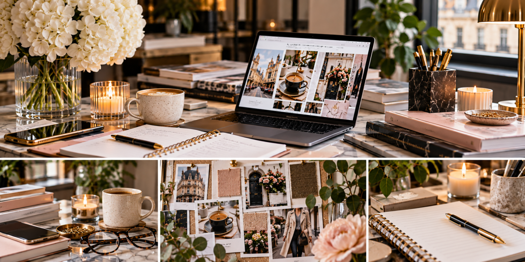 Female lifestyle blogger planning a signature content series and blogging strategy at her desk.