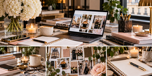 Female lifestyle blogger planning a signature content series and blogging strategy at her desk.