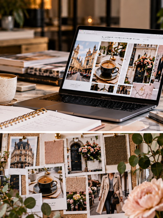 Female lifestyle blogger planning a signature content series and blogging strategy at her desk.