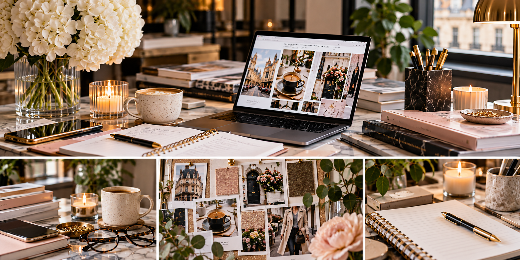 Female lifestyle blogger planning a signature content series and blogging strategy at her desk.