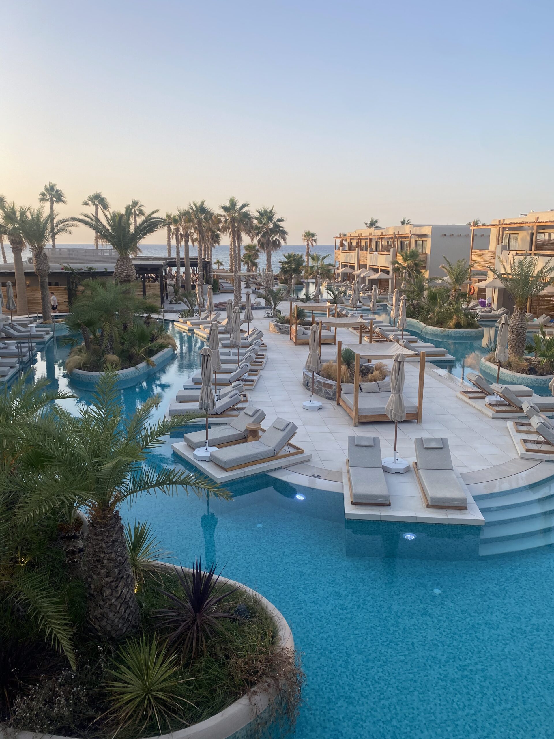 A wide photograph showing the beautiful pool area, earthy architecture and palm trees at Stella Blue.