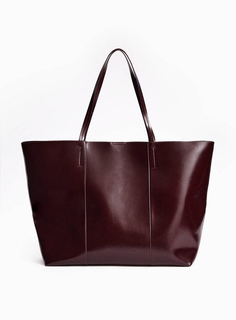 Burgundy High Shine Faux Leather Tote Bag One Size