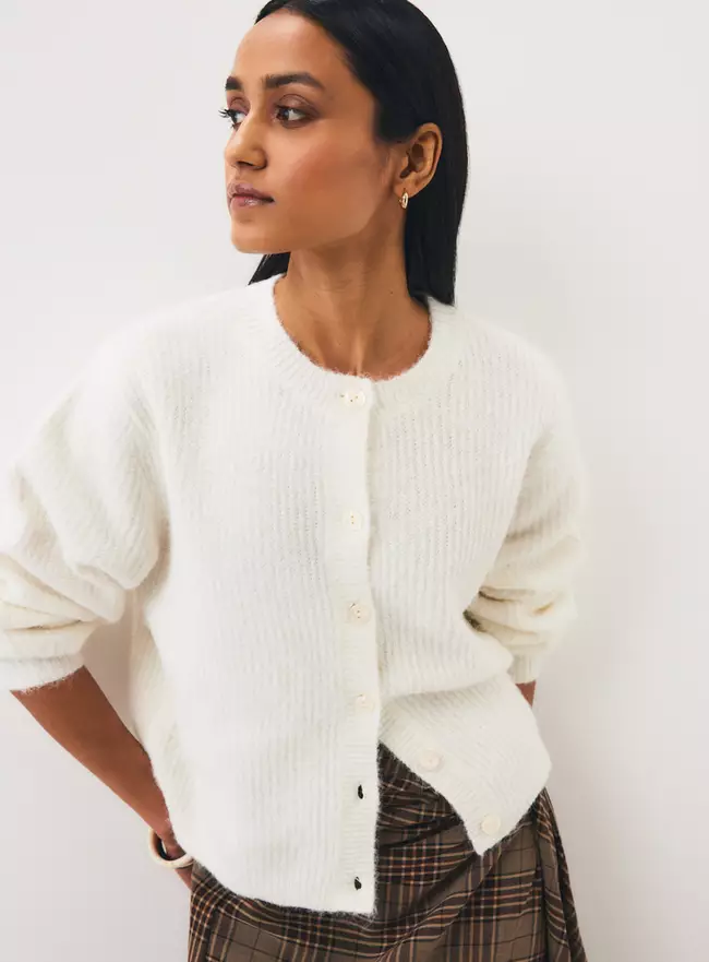 Cream Alpaca Blend Ribbed Button Boxy Cardigan