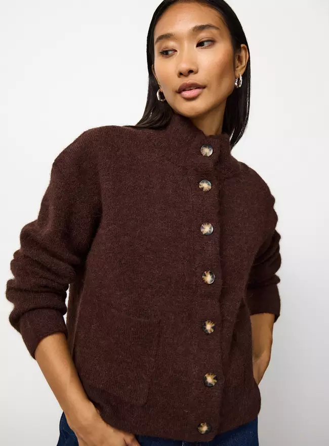 Brown Alpaca Blend Funnel Neck Cardigan
