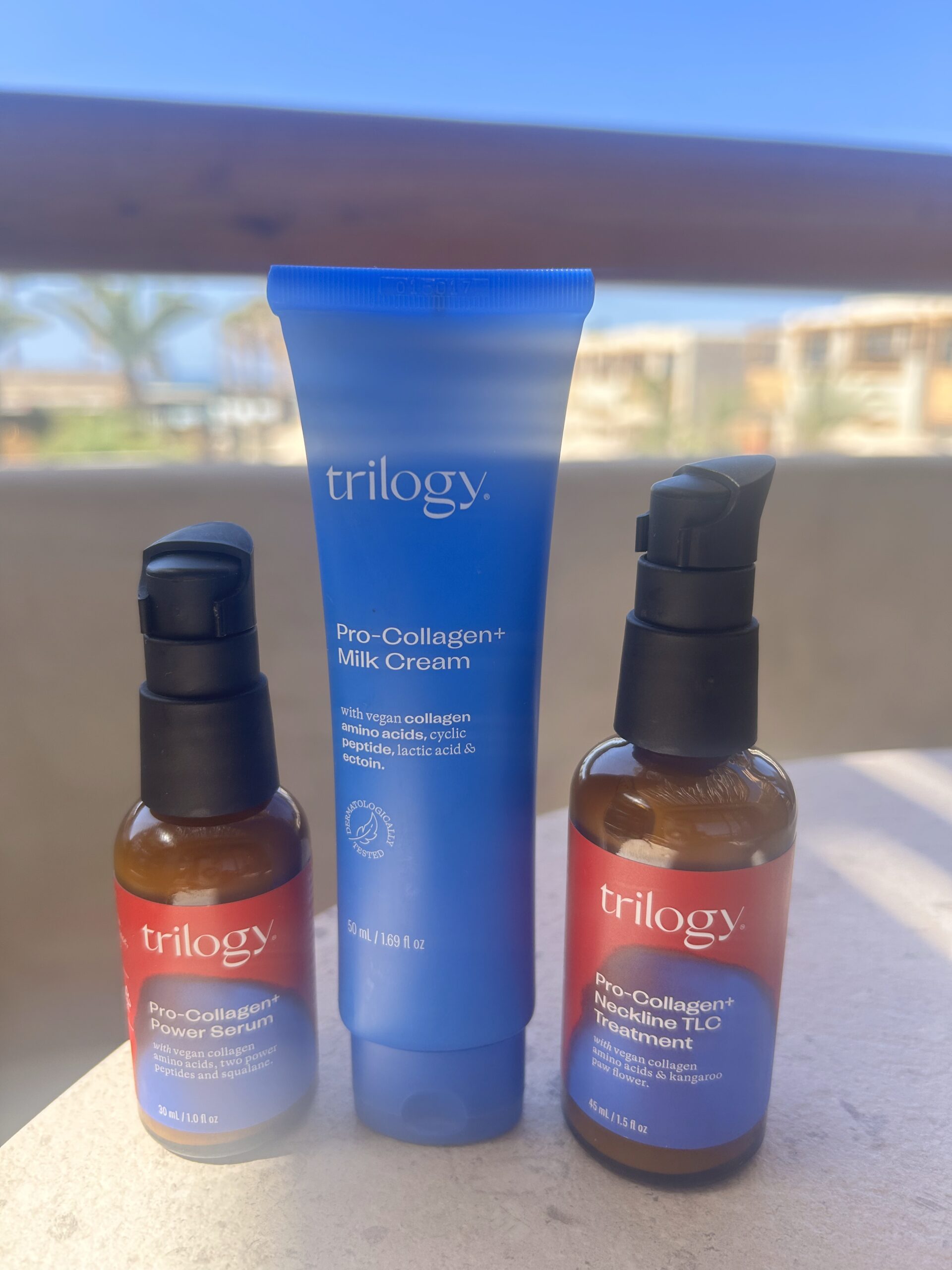 Three Trilogy Pro-Collagen+ skincare products photographed during a holiday in Crete
