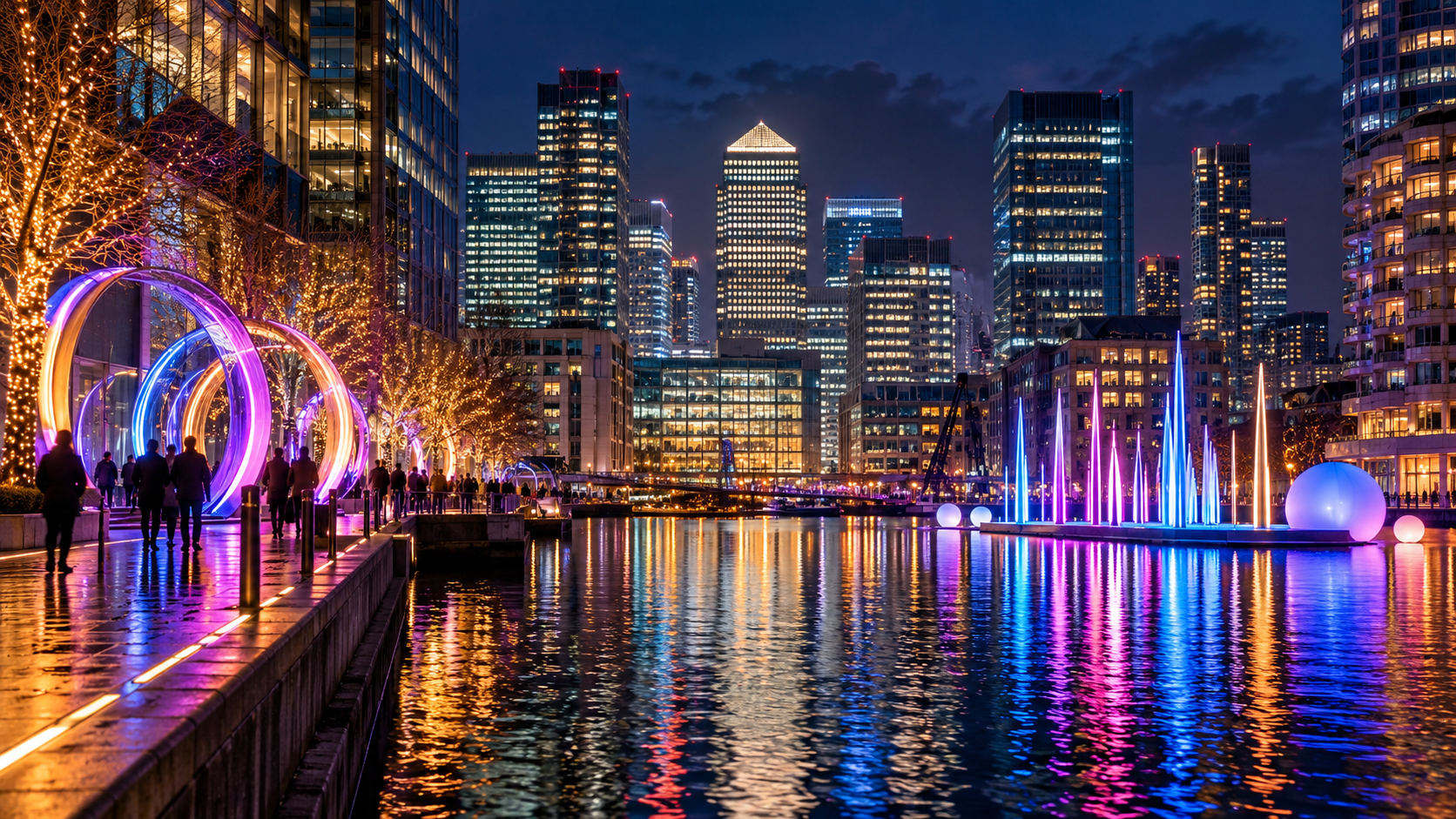 Editorial illustration of Canary Wharf illuminated with colourful light installations at night.