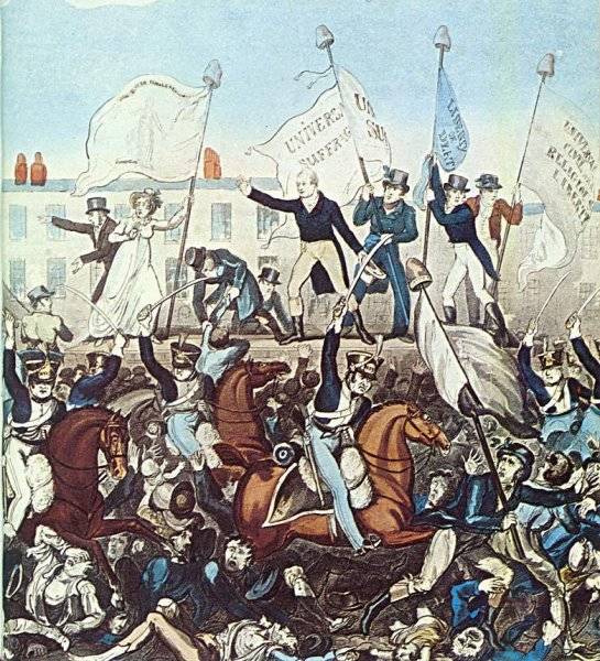 Peterloo Massacre 1819 (färglagd gravyr)