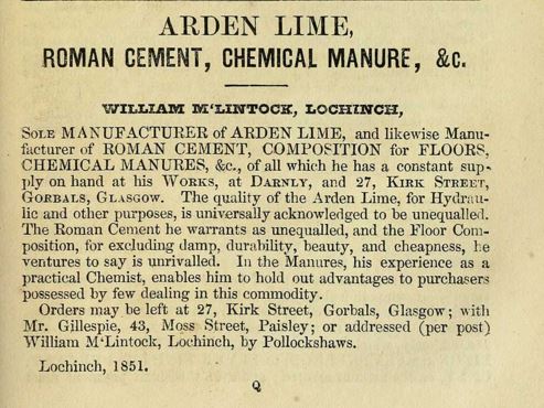 1851 advert - Arden Lime Darnley Works