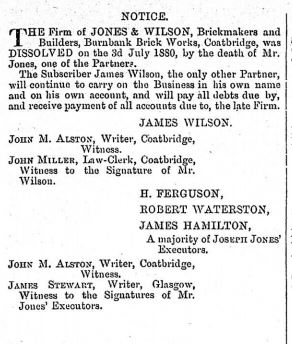 Jones Wilson Burnbank Brickworks dissolved1880
