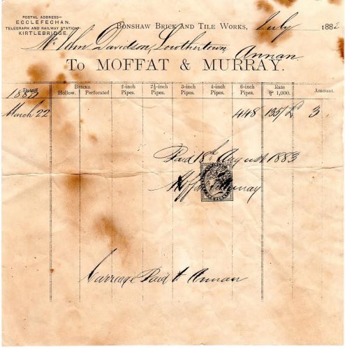 Moffat and Murray Bonshaws brickmakers invoice 1883