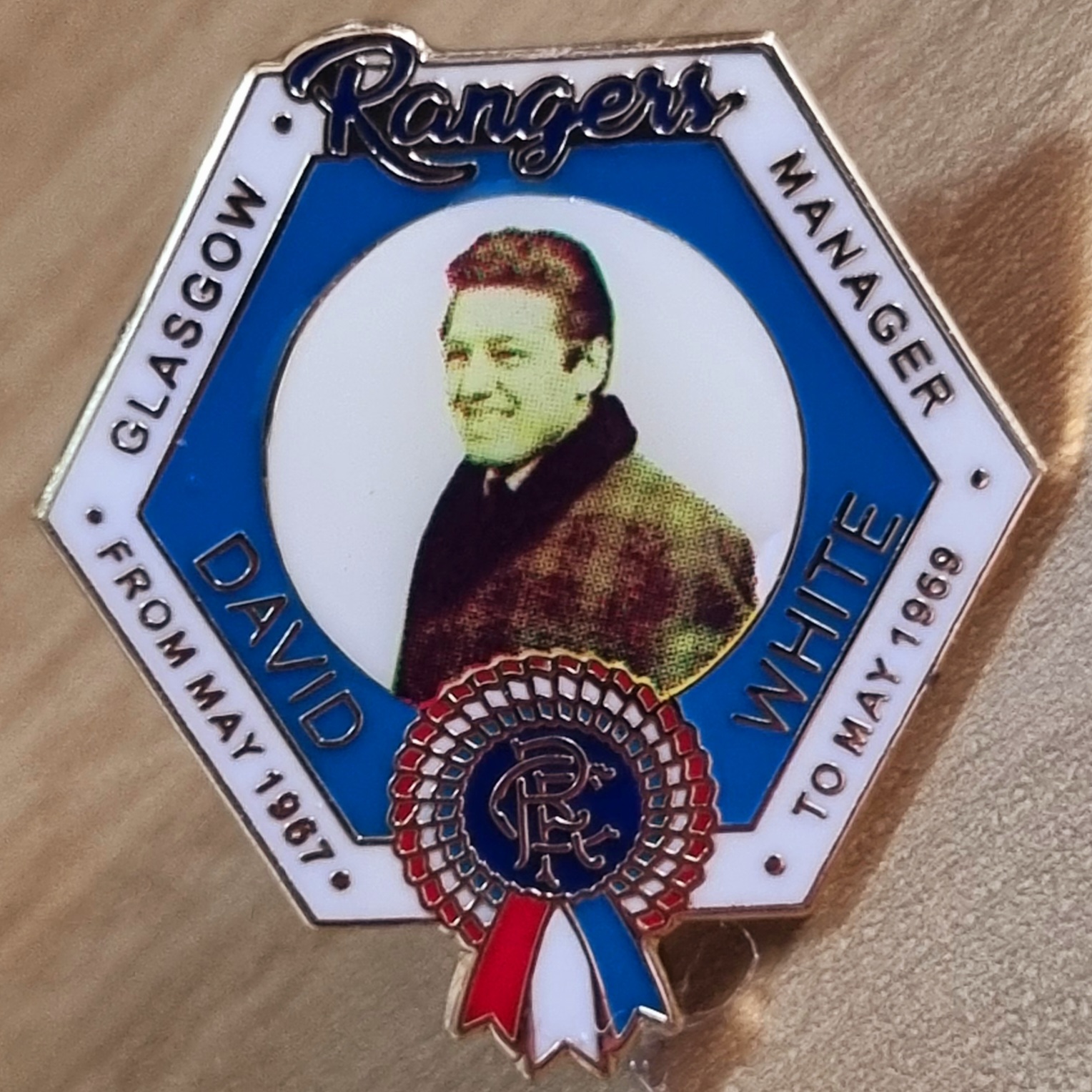 Rangers David White Managers Badge On Board Scottish Football Memorabilia rangers-david-white-managers-badge-on-board-scottish-football-memorabilia