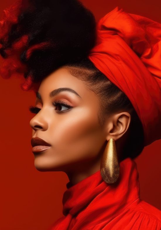 Young beauty stylish african american woman on a red background, closeup portrait of black girl with beautiful makeup and hairstyle, AI Generated