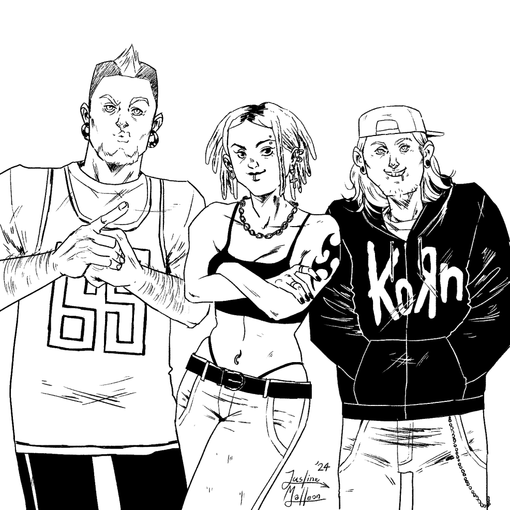 Illustration i sort/hvid af tre mennesker i klassisk nu-metal outfits, blandt andet en hoodie med bandet Korn og en omvendt kasket.