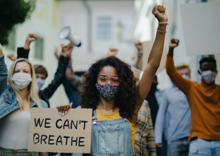 Group of people activists protesting on streets, BLM demonstration and coronavirus concept