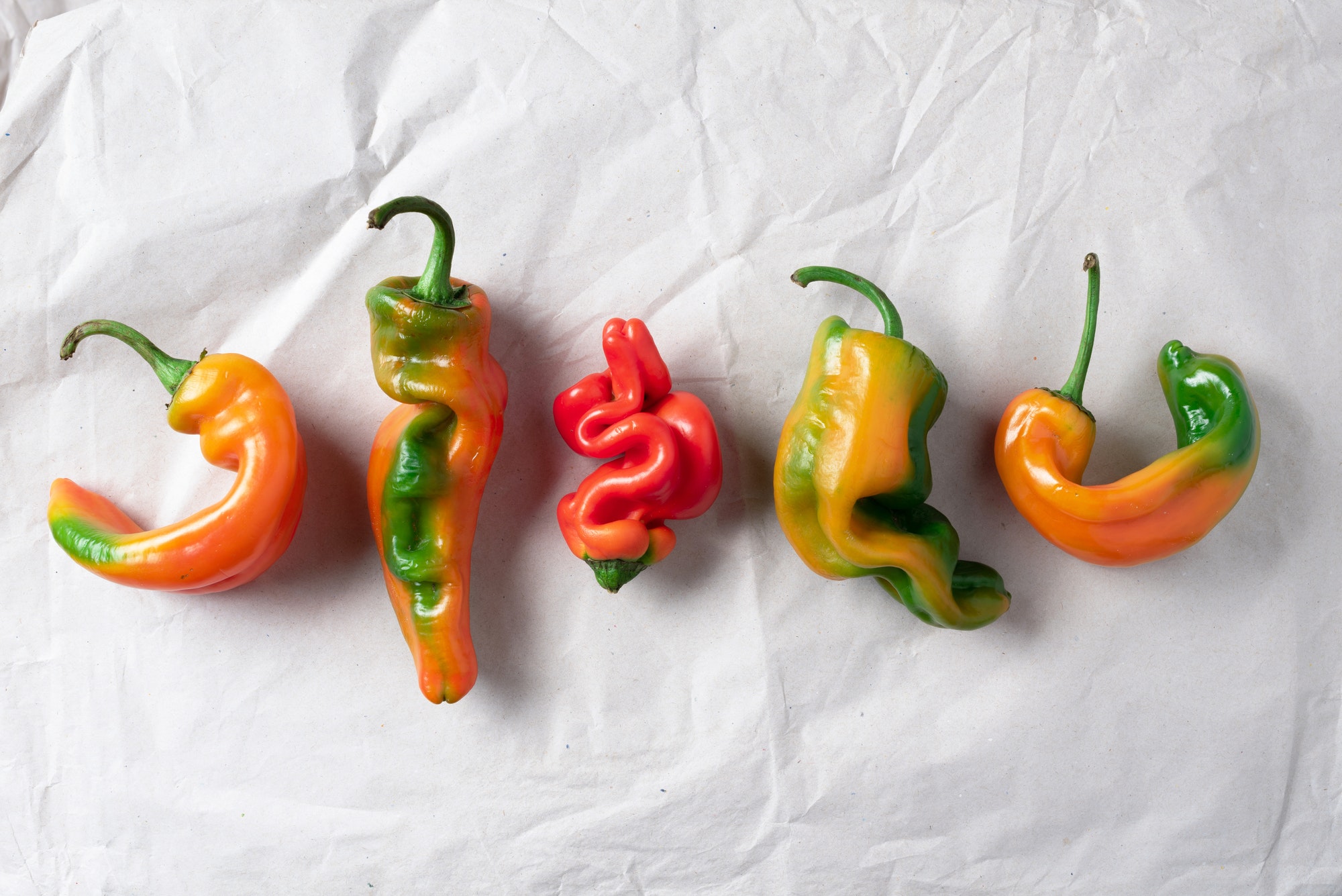 Ugly bell pepper on craft paper background. Concept of zero waste production. Top view. Copy space