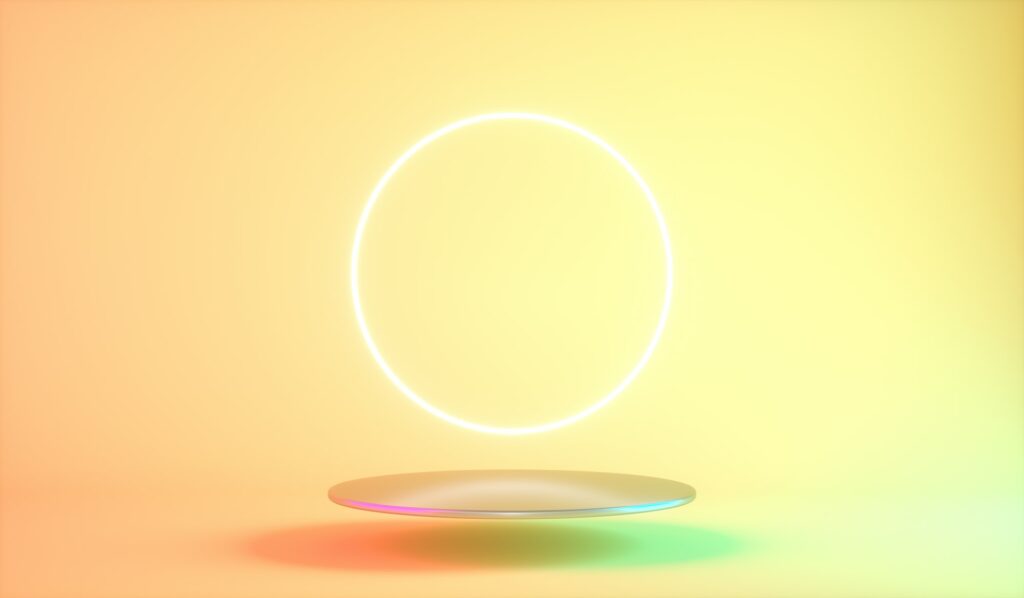 Futuristic neon light product background stage or podium pedestal. 3d render