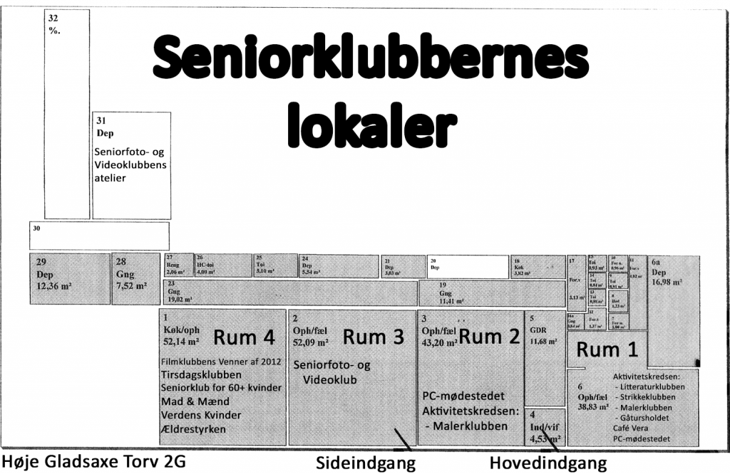 Seniorklubbernes lokaler med kvadratmetermål. 