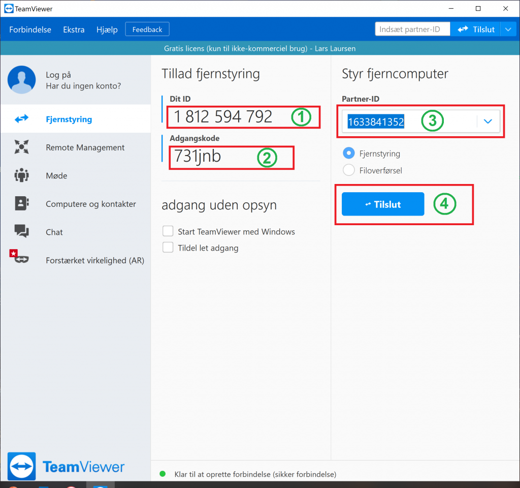 Via TeamViewer-programmet kan du tilslutte dig til en anden pc og se dennes skærm samt klikke og skrive på den.