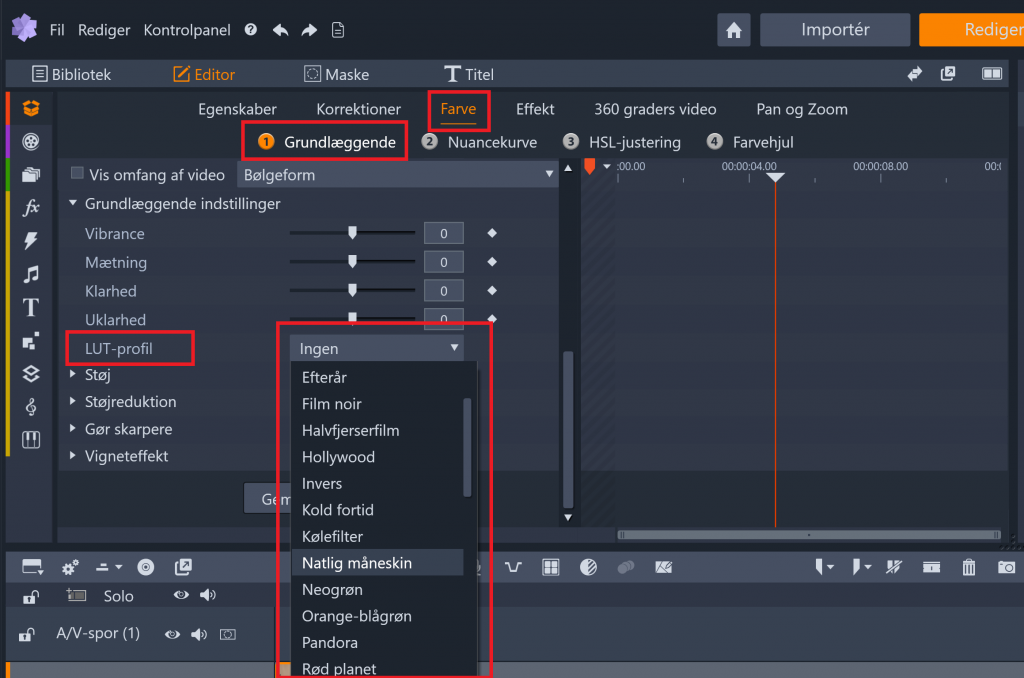 Eksempler på standard-LUT-profiler. Her kan du også se, hvordan du finder LUT-indstillingerne i Pinnacle 24. 