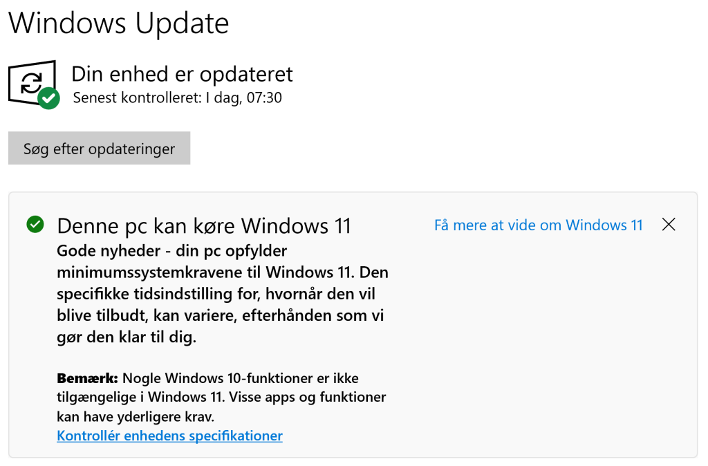 Sådan viser Windows Update, at din PC er klar til at opgradere til Windows 11. 