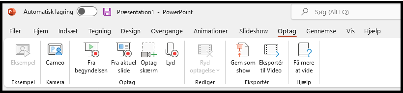 Menuen til optagelse ag diasshow, skærmoptagelse og foredrag i PowerPoint.