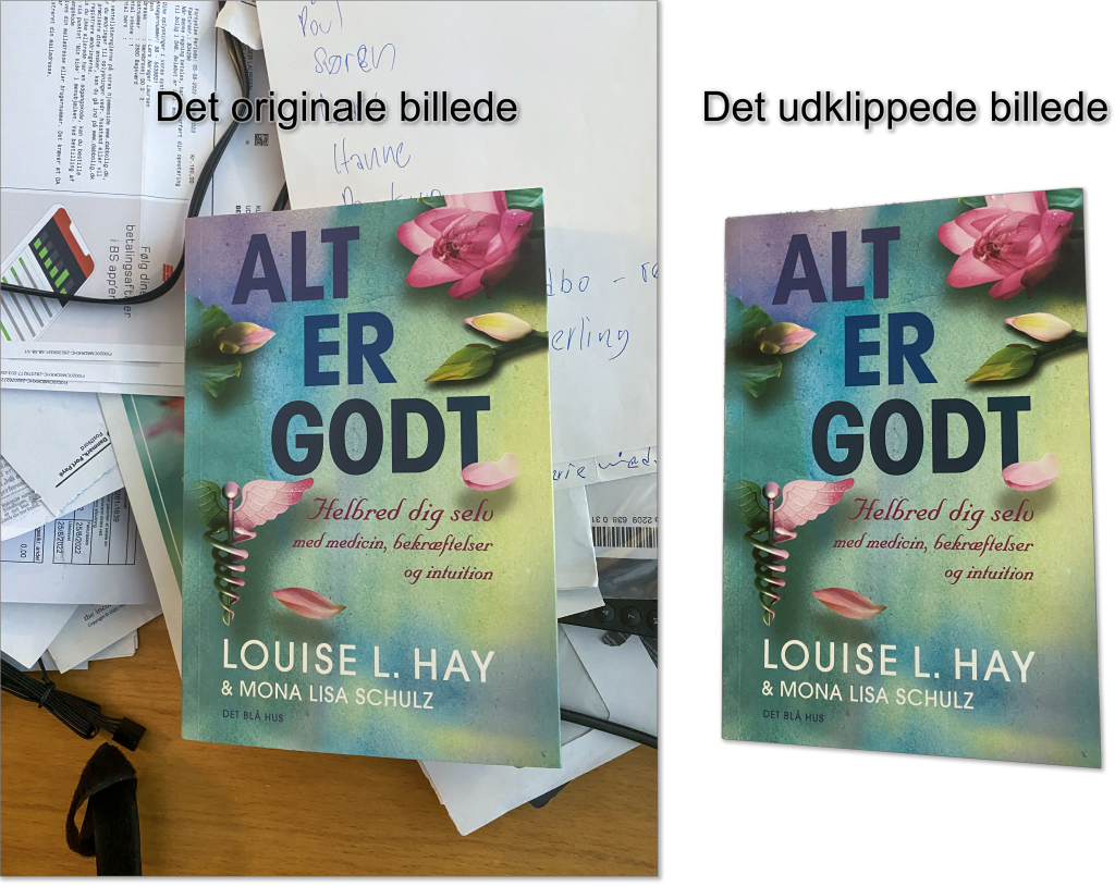 Foto og frafik: Lars Laursen. En bog klippet ud af et foto - blot ved at holde en finger på bogen i originalfotoet og sætte det ind i Fotos-appen.