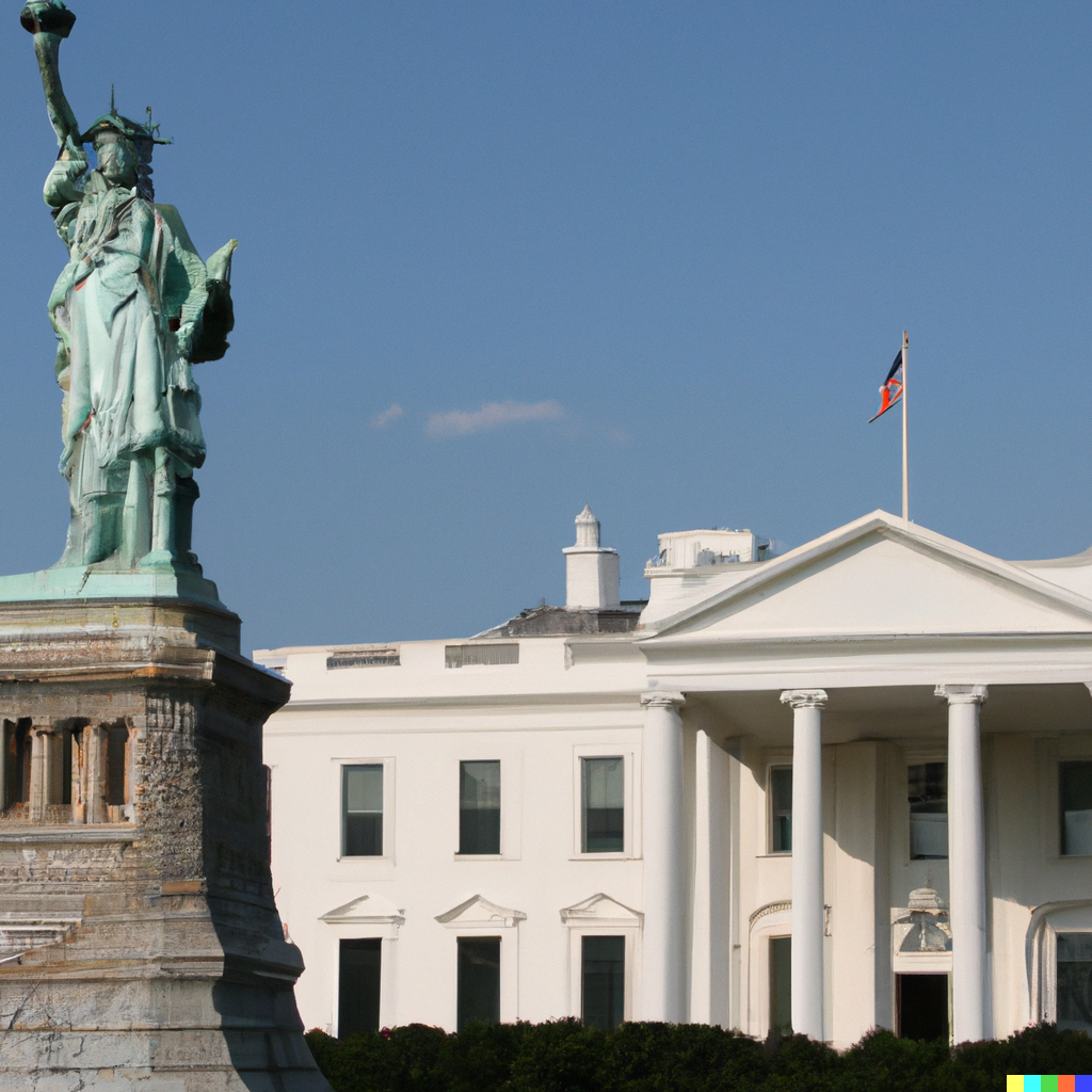 Dall-E 2: Frihedsgudinden, der overskygger det Hvide Hus i Washington. 