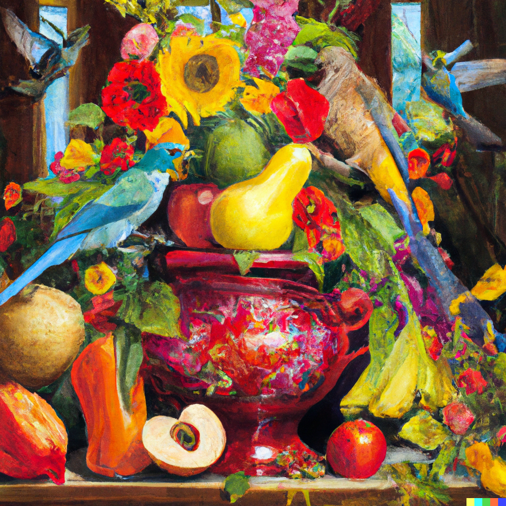 Dall-E 2: Et stilleben-maleri med frugter, grøntsager, peberfrugter, farverige blomster i en stor vase og sangfugle.