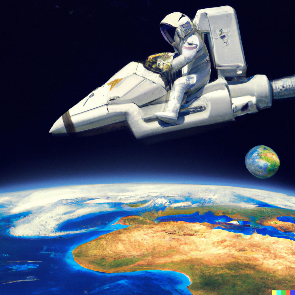Dall-E 2: Et fotorealistisk billede af en astronaut ridende på en Lamborghini i kredsløb om Jorden. 