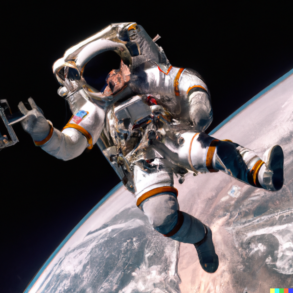 Dall-E 2: Et fotorealistisk billede af en astronaut ridende på en space shuttle i kredsløb om Jorden. 